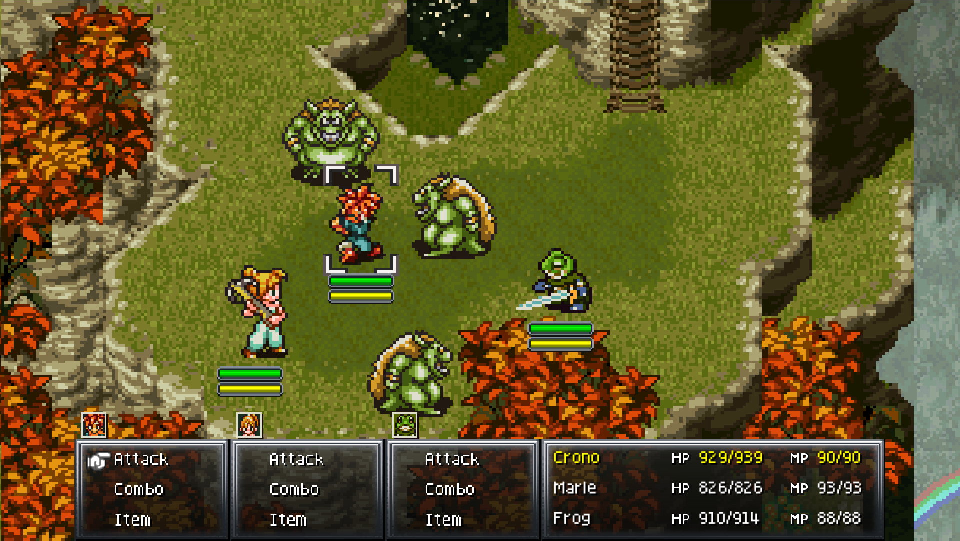Crono, Marle and Frog surrounded by enemies during a Chrono Trigger SNES battle