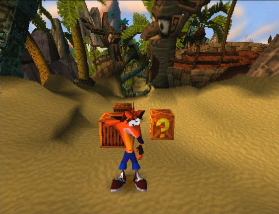 Crash Bandicoot standing beside wooden and question-mark crates on the first PS1 level