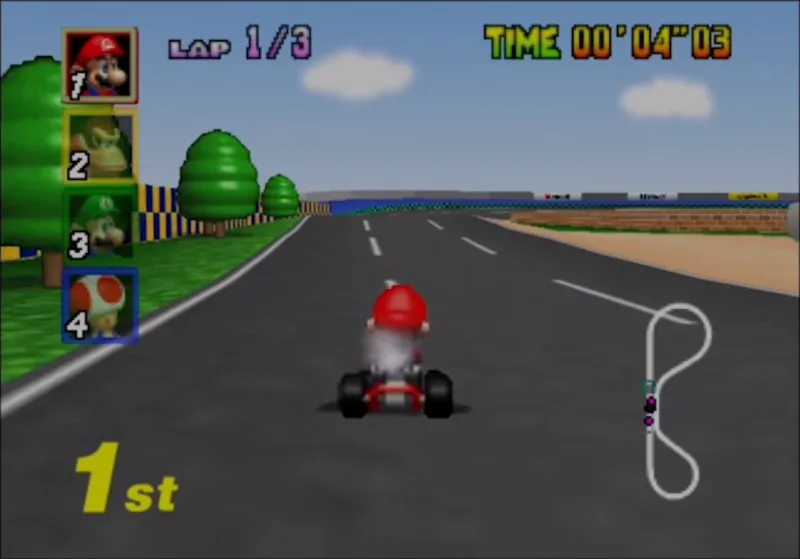 Mario driving in first place on Luigi Raceway during a Mario Kart 64 race