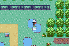 Pokémon Emerald trainer using Surf across a pond in the original Game Boy Advance overworld