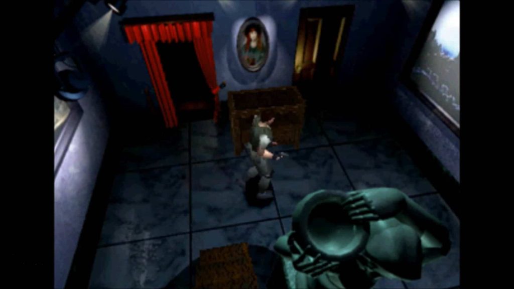 A Resident Evil character aiming at a large enemy inside a mansion room on PlayStation