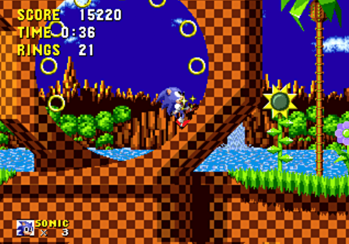 Sonic running through a loop in Emerald Hill Zone in Sonic the Hedgehog 2 on Genesis