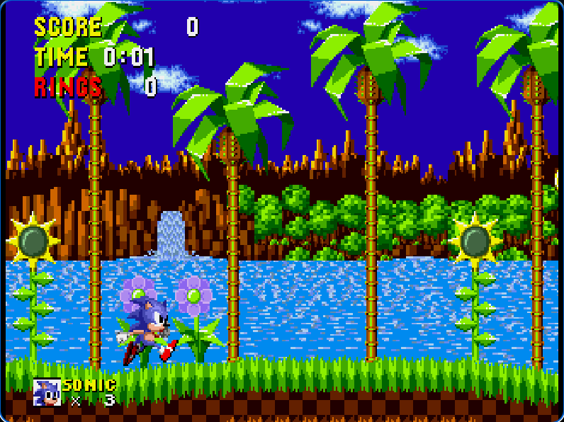 Sonic the Hedgehog real gameplay showing the opening area on Genesis