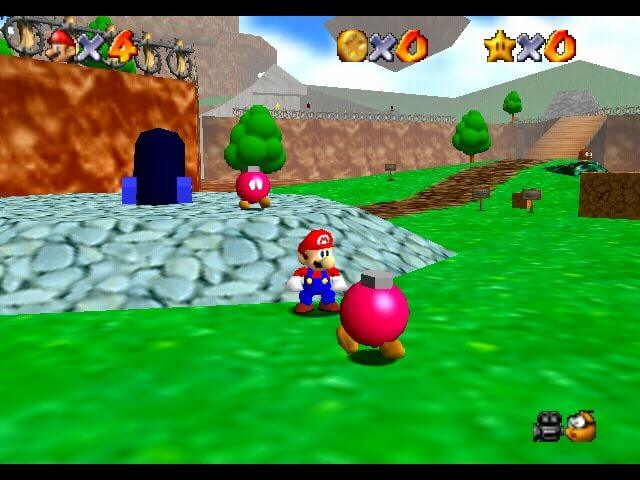 Mario standing among Bob-ombs in Bob-omb Battlefield in the original Super Mario 64